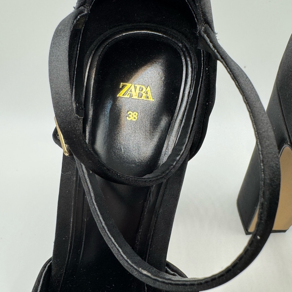 Zara Black Satin Ankle Strap Heels Pumps Pointed Toe 8 (38) - Picture 6 of 9